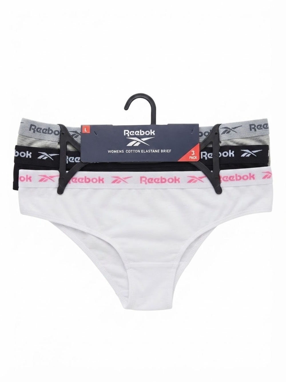 Reebok Women’s Cotton Elastane Briefs – 3-Pack (White, Navy, Gray), NWT, Large